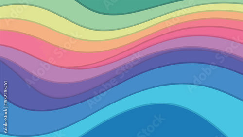 Colorful, wavy layered illustration with shades of the rainbow