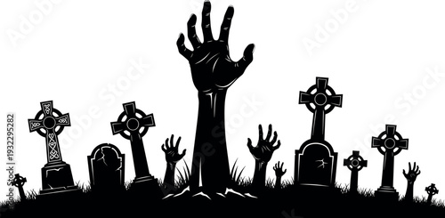 Black silhouette of zombie hands rising from ground in spooky graveyard with tombstones and 