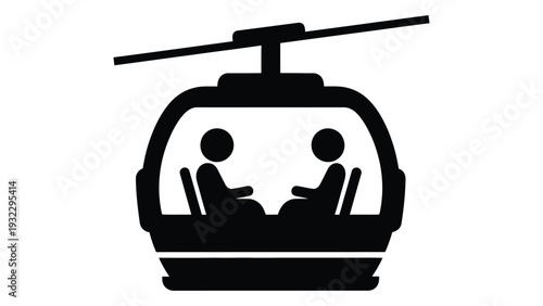 A black and white image of a cable car with two people inside isolated on white background, Vector