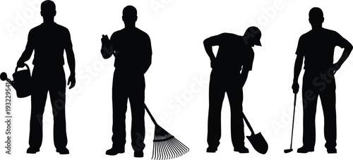 Set of gardener silhouettes featuring men working with gardening tools like watering can rake and shovel isolated on white background for landscaping design