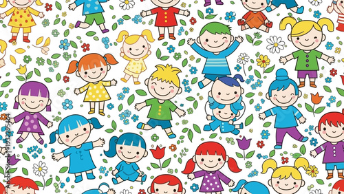 Seamless pattern of cheerful, diverse cartoon children and blooming flowers, perfect for playful designs and educational materials