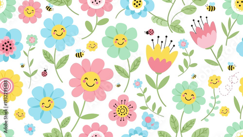 A vibrant and whimsical pattern of cheerful cartoon flowers and playful bees on a white background, perfect for children's designs