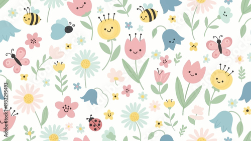 Whimsical Spring Garden illustration with Cute Butterflies, Bees, Ladybugs, and Flowers on a White Background