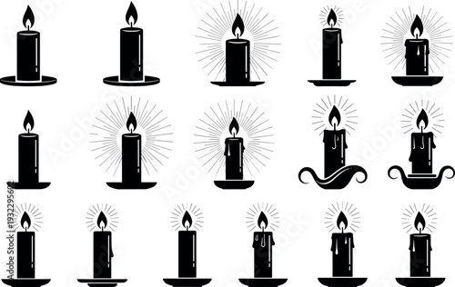 Black silhouette set of burning candles with flames and glow, wax candle icons in holders isolated on white background,