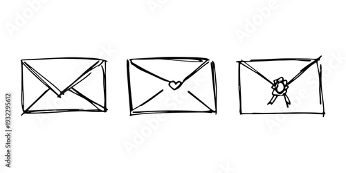 Set of hand drawn envelope with letter inside Mail and correspondence doodle Love, communication, invitation Single element for design, print, decor