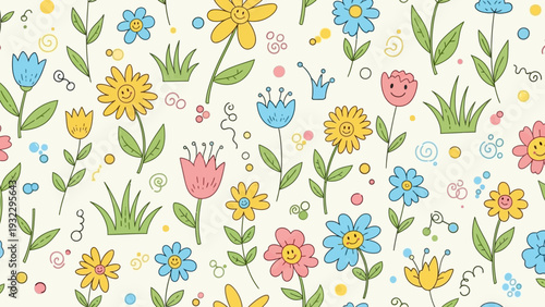 Whimsical Summer Garden Seamless Pattern with Smiling Flowers and Green Grass