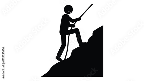A person climbing a mountain with an ice axe isolated on white background, Vector