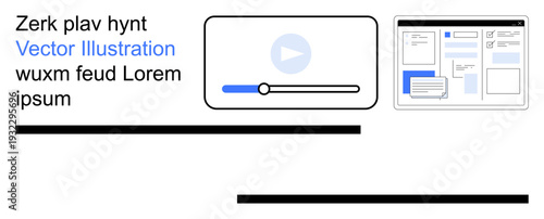 User interface design, multimedia, web content creation, digital tools, media apps, online learning. A video player with a blue slider and a website layout displayed. User interface design