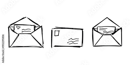 Set of hand drawn envelope with letter inside Mail and correspondence doodle Love, communication, invitation Single element for design, print, decor