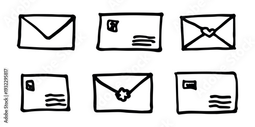Set of hand drawn envelope with letter inside Mail and correspondence doodle Love, communication, invitation Single element for design, print, decor