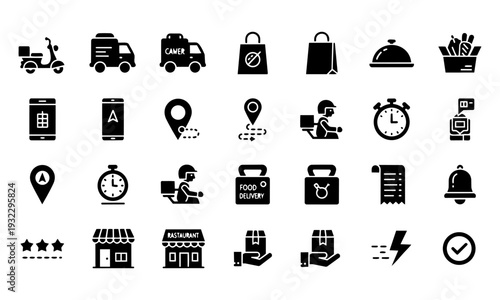 Food Delivery Service Icon Set – Courier, Restaurant, Takeaway and Mobile Order Vector Collection