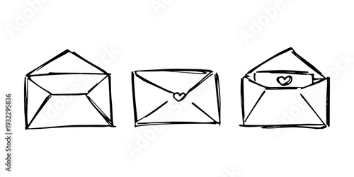 Set of hand drawn envelope with letter inside Mail and correspondence doodle Love, communication, invitation Single element for design, print, decor