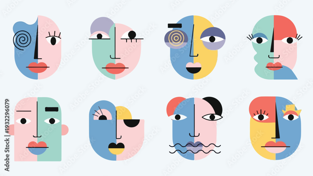 Fototapeta premium Eight stylized faces composed of colorful geometric shapes