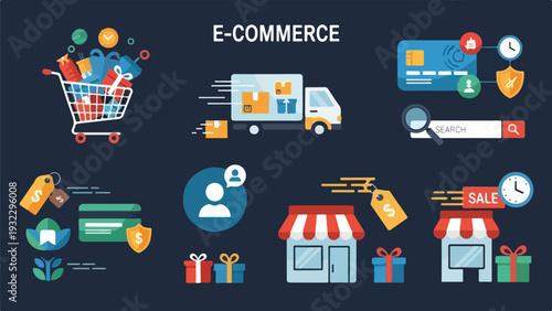 E-commerce illustration with shopping cart, delivery truck, and online elements