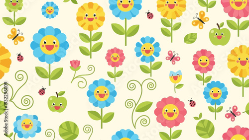 Cheerful Cartoon Flowers and Butterflies Seamless Pattern - Vibrant and Playful Floral Design