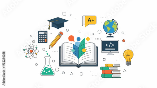 Educational vector illustration with assorted elements, depicting learning