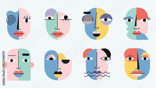 Eight stylized faces composed of colorful geometric shapes