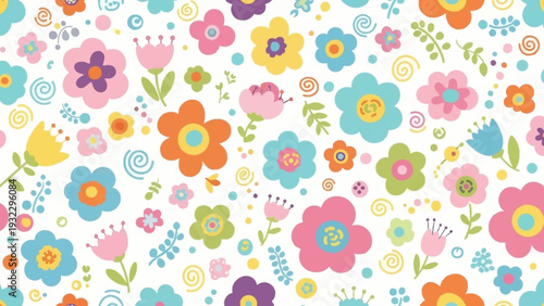 Colorful cheerful floral pattern with playful flowers and swirling leaves, perfect for spring and summer themes
