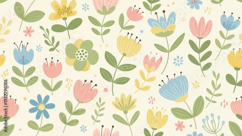 Seamless pattern with whimsical cartoon floral elements in pastel colors for spring and summer design