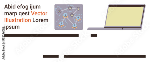 Technology, data management, online learning, communication, remote work, network topology. Diagram showing connected nodes and a laptop. Technology and data management concept