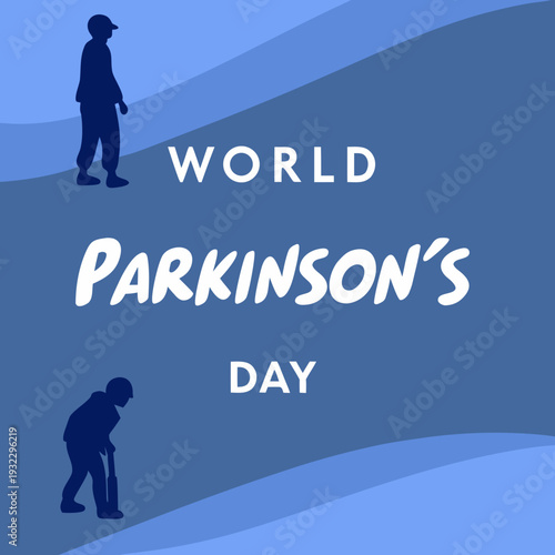 World parkinsons day flat illustration with silhouettes of elderly people including man using walking stick on blue background with soft wavy curves