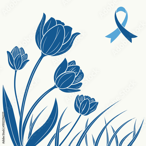 World parkinsons day awareness background with blue tulips and ribbon symbol on white background representing hope and support for medical patients