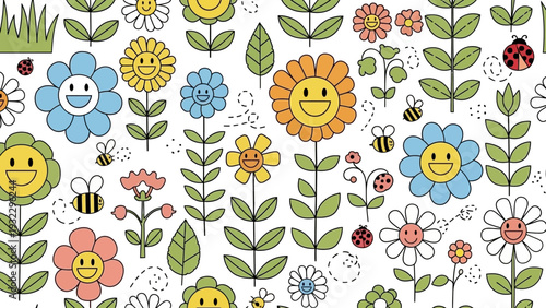 Cute flowers with happy faces and bumblebees, a charming seamless pattern for kids' designs