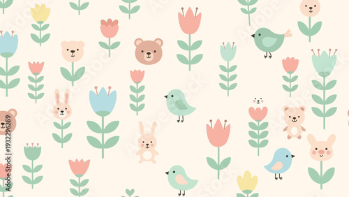 Cute seamless pattern with stylized bunnies, bears, birds and flowers, soft pastel colors, ideal for kids' decor and textiles