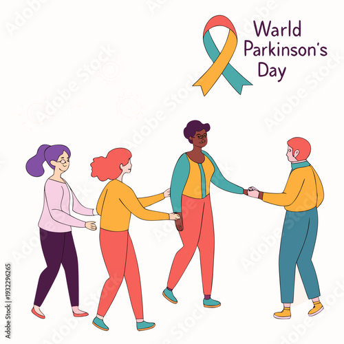 World parkinson's day vector illustration with diverse people holding hands and awareness ribbon representing support and unity