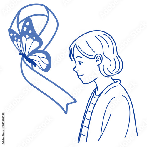 Illustration of young woman looking at blue awareness ribbon with butterfly wing representing support and hope for patients on world parkinson day