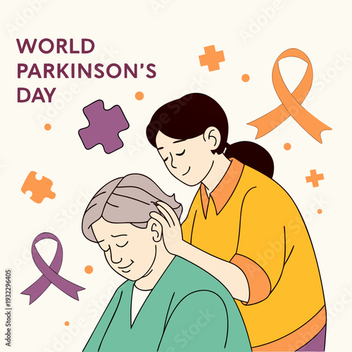 World parkinson day poster with woman comforting senior patient featuring purple and orange ribbons and puzzle pieces flat vector illustration art