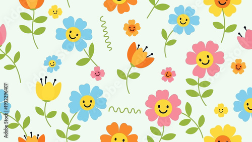 Whimsical Cartoon Flowers with Happy Faces on a Pastel Background