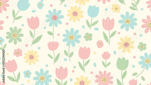 Charming Pastel Floral Pattern with Blooming Flowers and Delicate Leaves