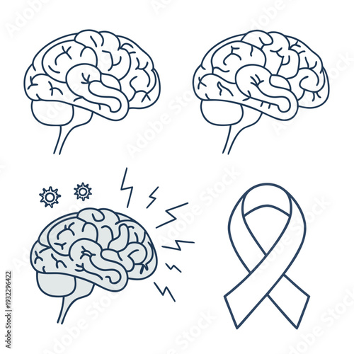 Neurology icons set featuring brain illustrations and awareness ribbon showing headache and mental health concepts linear vector design on white background