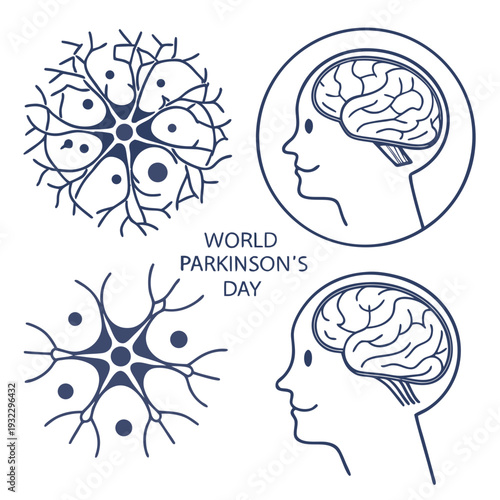 World parkinson's day with brain and neuron cell outlined in line style for medical banner or poster