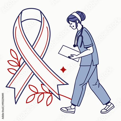 Medical professional walks alongside a parkinson's disease awareness ribbon decorated with leaves