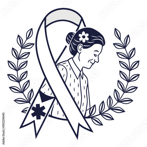Parkinsons disease awareness ribbon with laurel wreath and elderly woman illustration