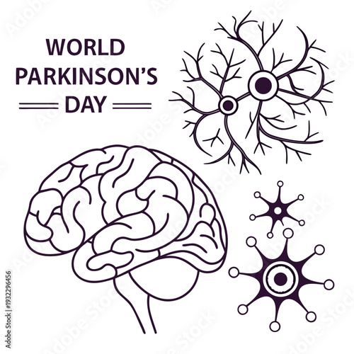 World Parkinsons Day lettering with brain structure and branching neuron cells