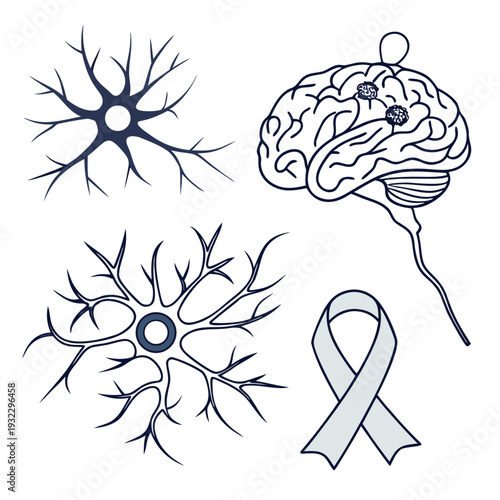 Medical illustration set for neurological health showing brain structure nerve cells and symbolic awareness ribbon for parkinson disease advocacy