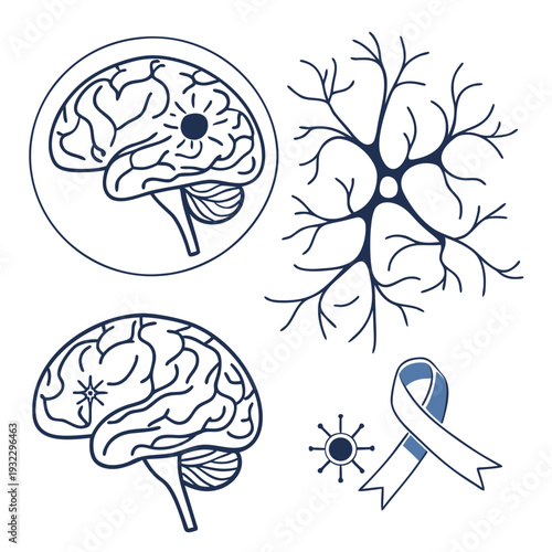 Brain scan illustration of affected area and neurological neuron cells and ribbon