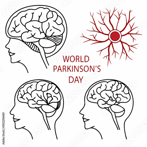 World parkinson day medical banner showing side profile of human heads with brain internal view and neuron cell structure for disease education set