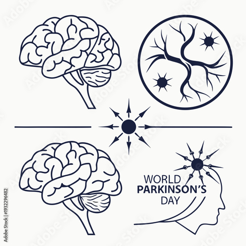 Parkinson awareness graphic set including human brain diagrams neural network structures and world parkinson day typography with head silhouette icon