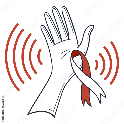 Palm of hand with tremor vibration lines and red awareness ribbon symbolizing parkinson's disease support and medical research advocacy concept art