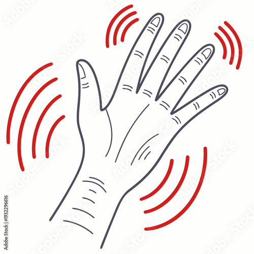 A hand tremor with red wavy lines indicating shaking symptom vector illustration parkinson disease awareness isolated white background