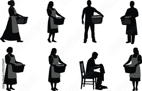 Laundry worker silhouette set carrying clothes baskets, domestic household chores and service labor concept illustrated with men and women figures
