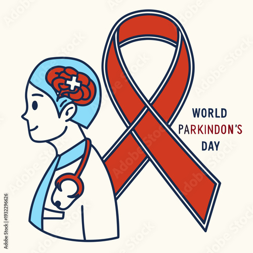 World parkinson day with doctor and brain illustration next to red ribbon vector isolated on light background medical awareness