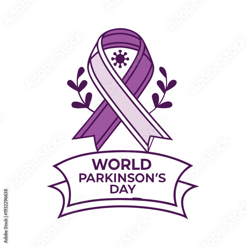 World parkinson day purple ribbon with leaves and banner vector illustration isolated on white background medical awareness
