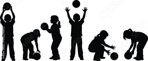 Children playing with ball silhouette set showing active kids movement, childhood playtime activities illustrating fun, learning and physical development