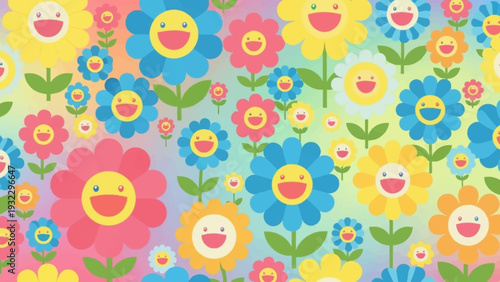 Vibrant and Joyful Cartoon Flowers with Smiling Faces on a Rainbow Gradient Background
