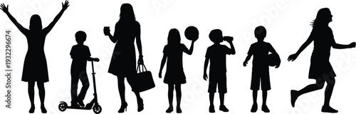 Family and children silhouette set showing daily activities, mother and kids lifestyle moments illustrating parenting, childhood and modern urban life